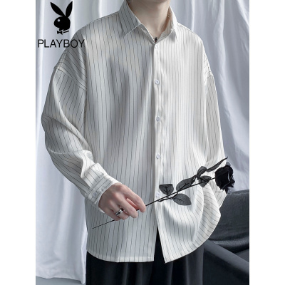 花花公子垂感衬衫男士韩版长袖潮流夏季新款薄款丝滑宽松痞帅衬衣