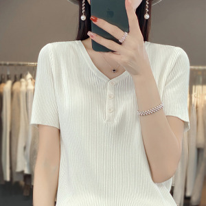 V领简约修身冰丝短袖针织衫上衣 夏季薄款纯色套头打底衫女装短袖