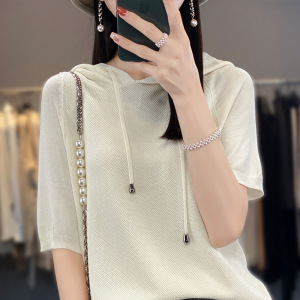 夏款冰丝曲珠纯色连帽卫衣针织短袖女款夏季宽松薄款内搭带帽上衣