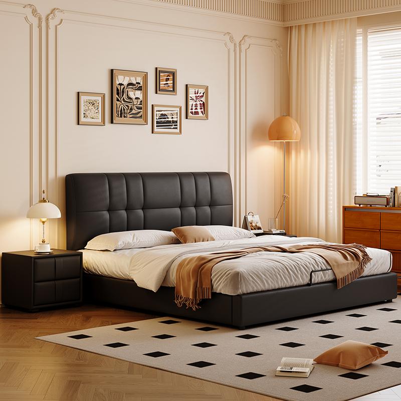 意式极简真皮床轻奢现代简约主卧室双人床实木储物床家用软包婚床