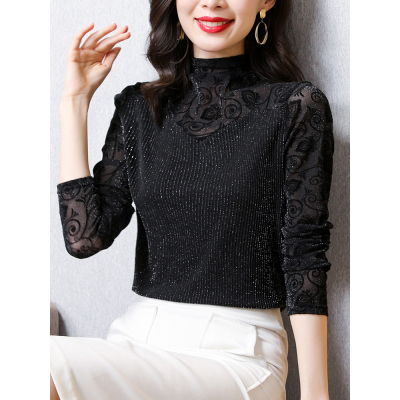 语娄春装2021年新款高领亮丝网纱打底衫女内搭洋气蕾丝小衫长袖女上衣2021蕾丝衫