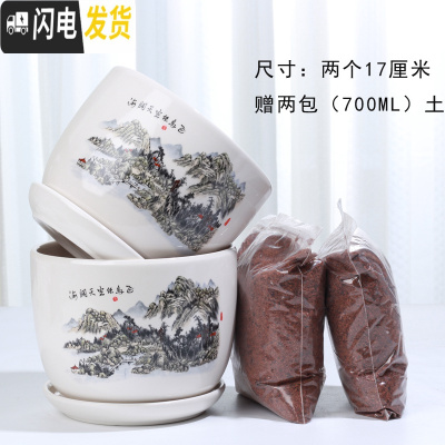 三维工匠花盆陶瓷带托盘一组两个大号盆带土简约家用绿萝多肉花盆 79034两个大+土2包 大花盆容器