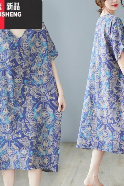 YIBUSHENG胖妹妹装2024新款大码女装棉麻中长款减龄遮肚子短袖V领连衣裙