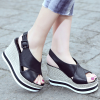 2018夏季新款坡跟凉鞋女超高跟松糕厚底真皮女鞋子时尚草编防水台小码鞋女甜美欧美潮OL工作鞋