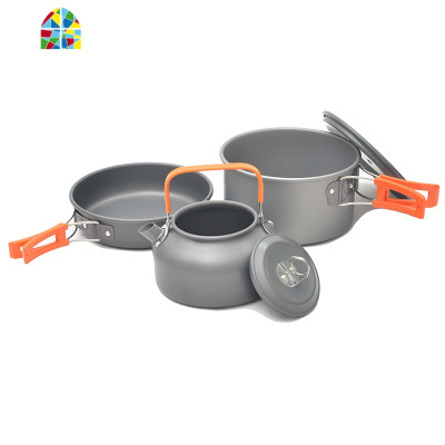 户外便携2-3人套锅灶具炊具野外锅具便携露营装备烧水壶茶壶煎锅 FENGHOU 黑色柄煮锅+煎锅+茶壶