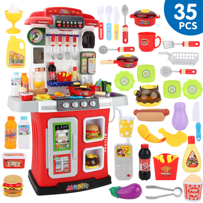 小伶过家家玩具厨具女孩儿童厨房仿真做饭煮饭套装宝宝3-6岁95cm红-35件-B8抽烟机款/带声光/出水/古诗+14件