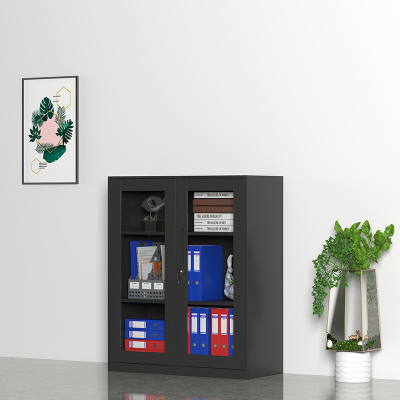 臻远 ZY-WJGC-33 文件柜窄边矮柜拆装档案柜 黑色对开玻璃矮柜