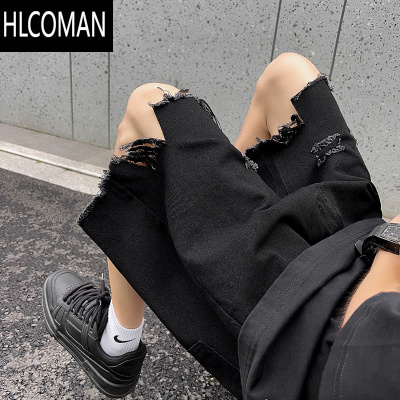 HLCOMAN复古黑色毛边破洞牛仔短裤男设计感小众夏季五分裤美式高街中裤子