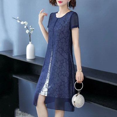 情娇婷(QINGJIAOTING)夏装短袖连衣裙女2021新款阔太太洋气高贵妈妈装气质假两件套