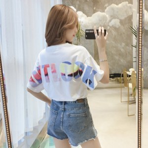 彩色字母短袖T恤女ins潮夏季韩版新款宽松大码学生半袖上衣女