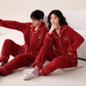 法兰绒睡衣女秋冬季加厚长袖开衫珊瑚绒情侣家居服男士套装可外穿