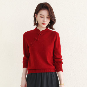 [新中式]恒源祥国风斜襟扣羊毛衫女秋冬镶钻妈妈立领红色针织衫