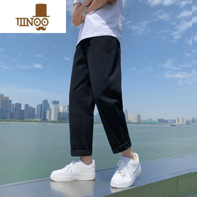 YANXU九分黑色牛仔裤男2023潮流百搭宽松直筒阔腿休闲长裤子男款