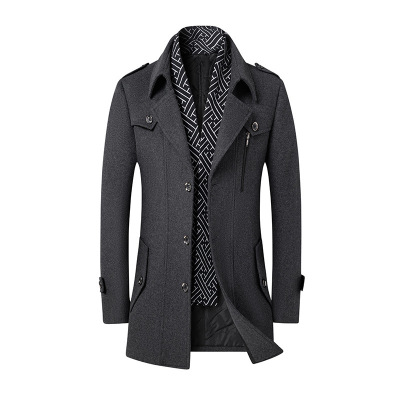毛呢大衣秋冬新款脱卸围巾羊毛呢子大衣男士中长英伦呢子外套