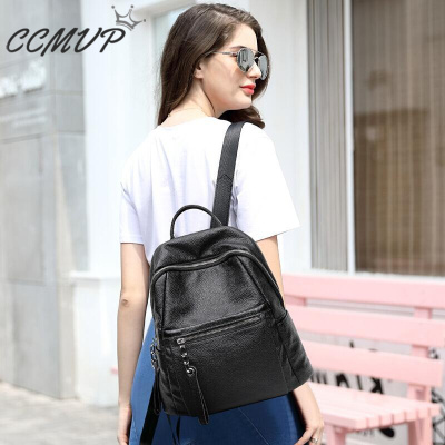 CCMVP品牌自营质量保证-CCMVP休闲品牌双肩女韩版百搭潮旅行牛皮软皮大容量软皮背女黑色默认颜色