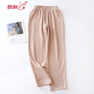 日系睡裤女长裤色棉绉布家居裤薄款可外穿费琳