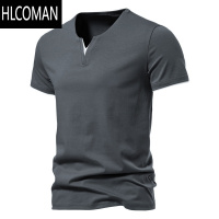 HLCOMAN夏季男士欧美简约假V领短袖T恤青年潮流个性修身纯色体恤