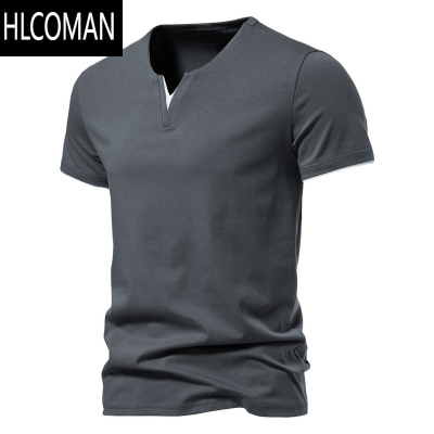 HLCOMAN夏季男士欧美简约假V领短袖T恤青年潮流个性修身纯色体恤
