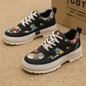 潮搭男鞋春季时尚复古布面卡能小熊马丁鞋草编厚底增高休闲工作鞋