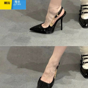 聚范欧美新款尖头高跟鞋女细跟性感水钻一字扣带包头凉鞋后空单鞋
