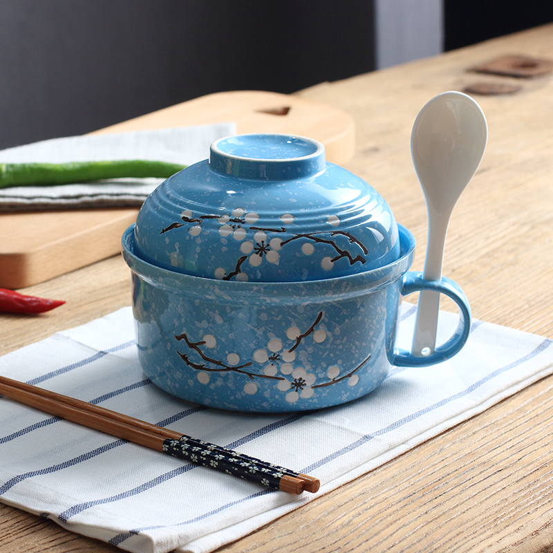 日式雪花陶瓷大号带盖泡面碗面杯汤碗带手柄学生饭碗便当盒送勺筷