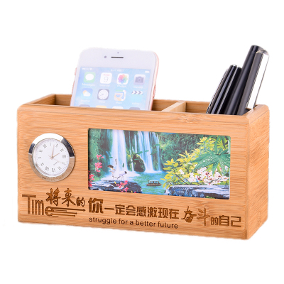 实木笔筒创意时尚多功能笔筒办公桌面文具用品实木摆件木质收纳盒定制logo碳化竹时钟笔筒