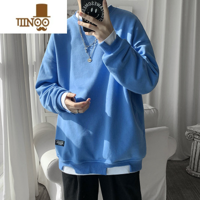 YANXU假圆领卫衣男秋季韩版潮流纯色外套宽松设计感休闲港风打底衫