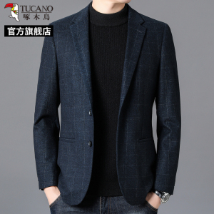 啄木鸟2025新款中年男士西服休闲格子商务西装外套爸爸春秋上衣C