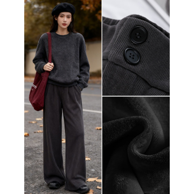 灰色灯芯绒西装裤女秋冬季高腰垂感宽松慵懒松弛老钱风加绒阔腿裤_747