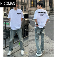 HLCOMAN美式街头潮牌字母印花短袖t恤男夏季休闲宽松白色打底衫