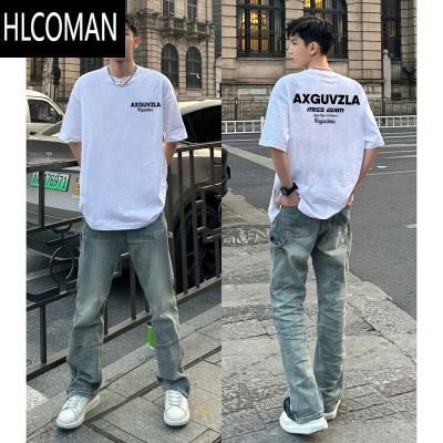 HLCOMAN美式街头潮牌字母印花短袖t恤男夏季休闲宽松白色打底衫