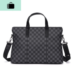 轻商务男士手提文件包休闲出差电脑包公文包格子皮质单肩包2020潮NEW LAKE 黑色-格子男士手提包 黑色-格子