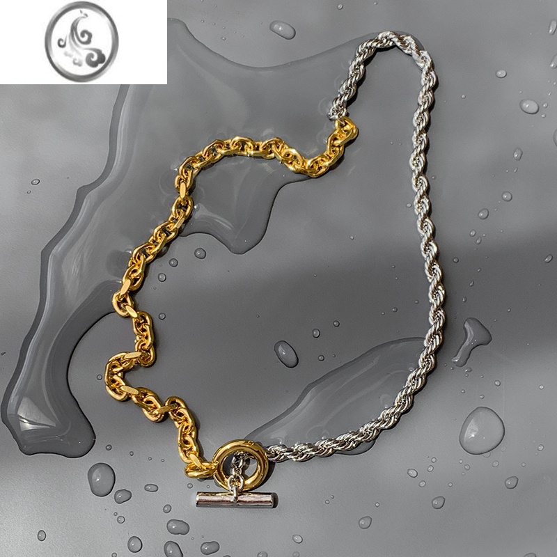 JiMiB~欧美金银色麻花链条拼接OT扣项链女轻奢小众设计感高级锁骨颈链