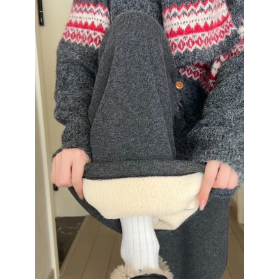 灰色加绒糯米裤女秋冬季羊羔绒加厚棉裤宽松慵懒垂感小个子阔腿裤