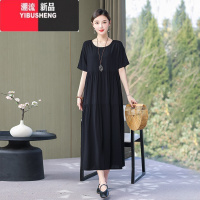 YIBUSHENG棉绸连衣裙女天大码气质宽松胖妈妈遮肚显瘦纯色休闲棉麻长裙子