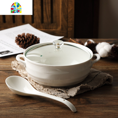 家用8英寸双耳陶瓷汤碗 微波炉汤锅带盖 创意大号纯白盛汤盆 FENGHOU 深款配无勺位陶瓷盖约2200ml送大汤勺