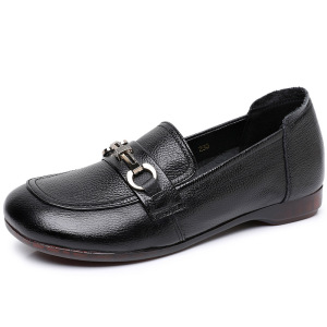 乐福鞋女鞋秋季新款真皮方头金属扣浅口平底鞋舒适复古豆豆鞋
