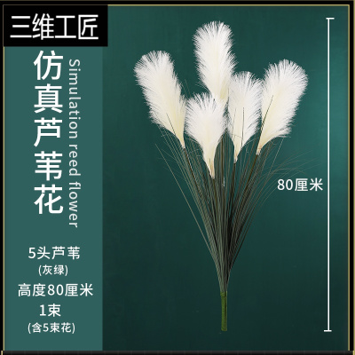 仿真芦苇干花客厅摆件网红草芦苇花花束落地假花装饰摆设三维工匠5头芦苇灰绿草80厘米