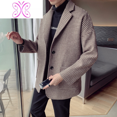 YUANSU2020新款秋冬季千鸟格风衣男中长款宽松帅气毛呢大衣男士呢子外套风衣