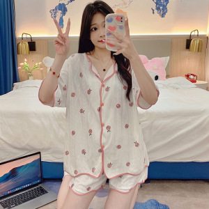 夏季新款短袖短裤女睡衣带胸垫娃娃领开衫简约小碎花卡通款家居服