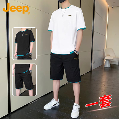 Jeep吉普休闲运动套装男士夏季纯棉短袖t恤搭配短裤帅气两件套男