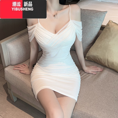 YIBUSHENG辣妹蹦迪夜场显瘦吊带露肩包臀紧身一字肩性感褶皱网纱连衣裙女