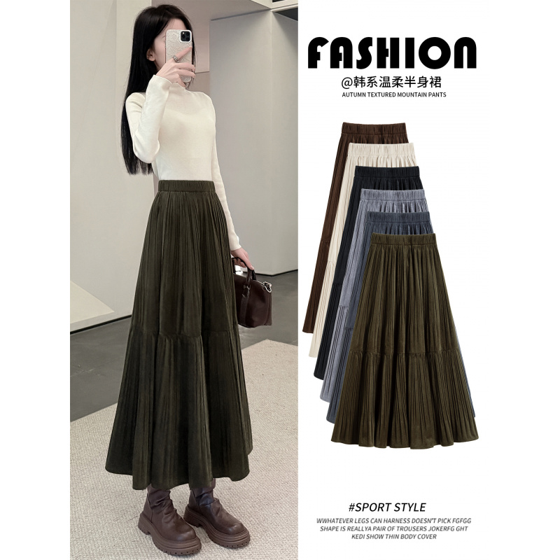半身裙女秋冬季新款高腰垂坠感a字百褶裙长款小个子金丝绒裙