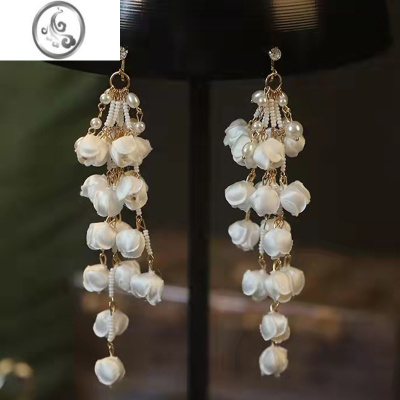 JiMi2022仙气甜美铃兰花苞手工白色流苏气质花朵耳环耳夹新娘影楼配饰
