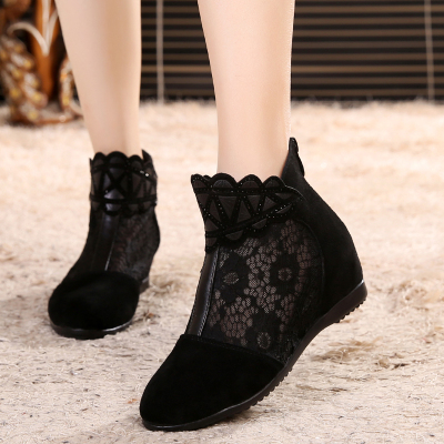 Ideamini2021款单靴子女春秋短靴镂空网纱透气网靴磨砂皮平底内增高女鞋子黑色正码尺码齐全拍下备注平时所穿尺码