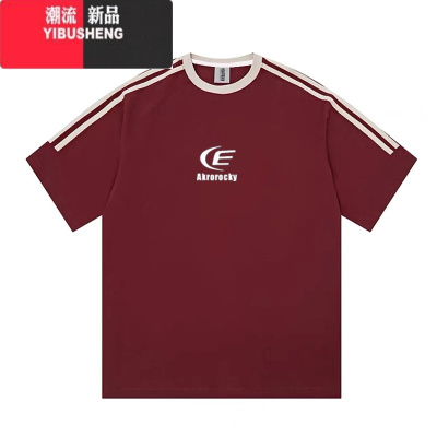 YIBUSHENG国潮美式复古拼接红色短袖t恤男女季高街情侣宽松织带上衣