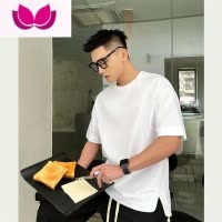 七斓2023年青年男士潮流百搭净版T恤休闲纯色短袖下摆圆弧开叉半袖t衫