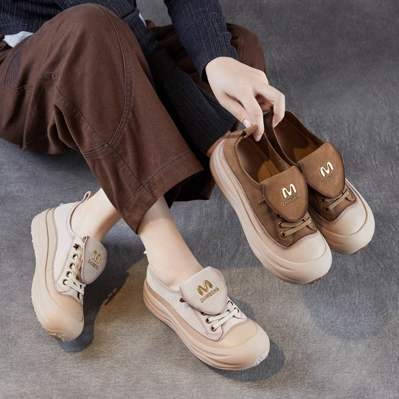 真皮复古休闲鞋女秋季新款百搭舒适软底丑萌单鞋拼色平底板鞋