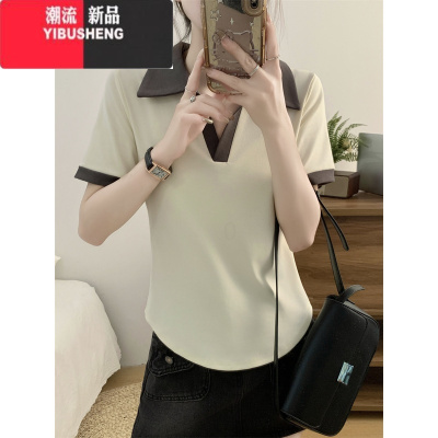 YIBUSHENG大码胖MM女装撞色v领短袖T恤女2024新款设计感美式复古正肩上衣