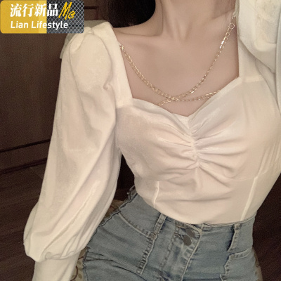 暖青汇丝绒泡泡袖衬衫女设计感小众春季修身白色长袖上衣气质方领衬衣潮